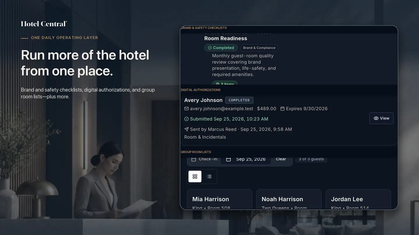 Hotel Central views for Brand Standards checklists, Digital Authorizations, and Group Room Lists.